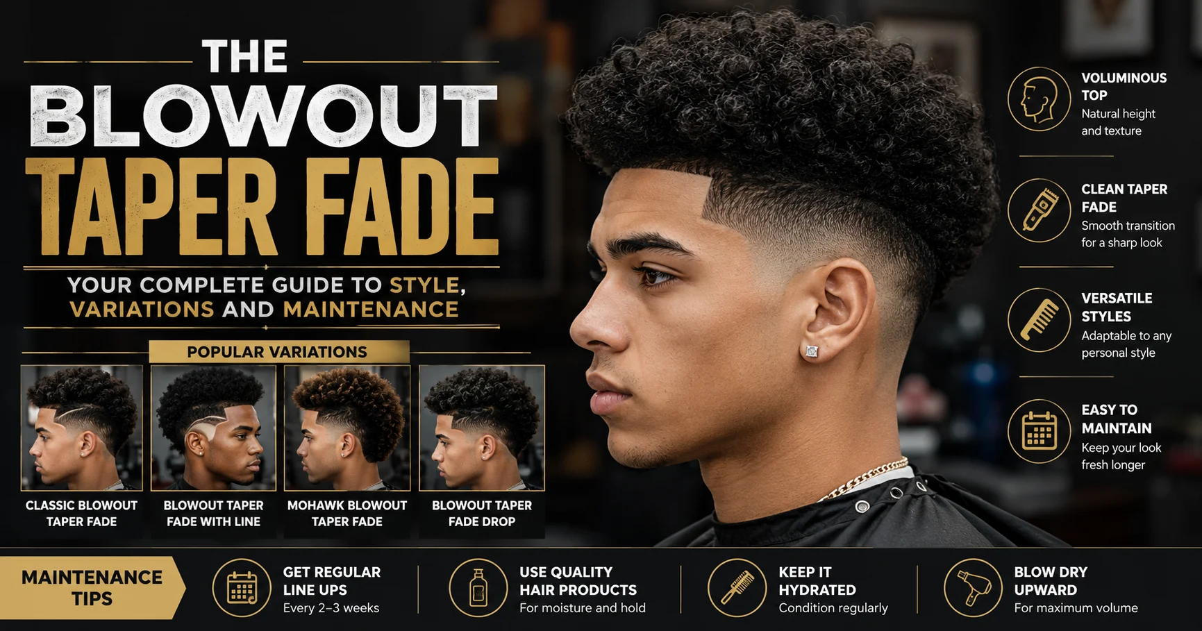 Blowout taper fade hairstyle guide showing a modern haircut with faded sides, tapered neckline, and voluminous textured hair on top.